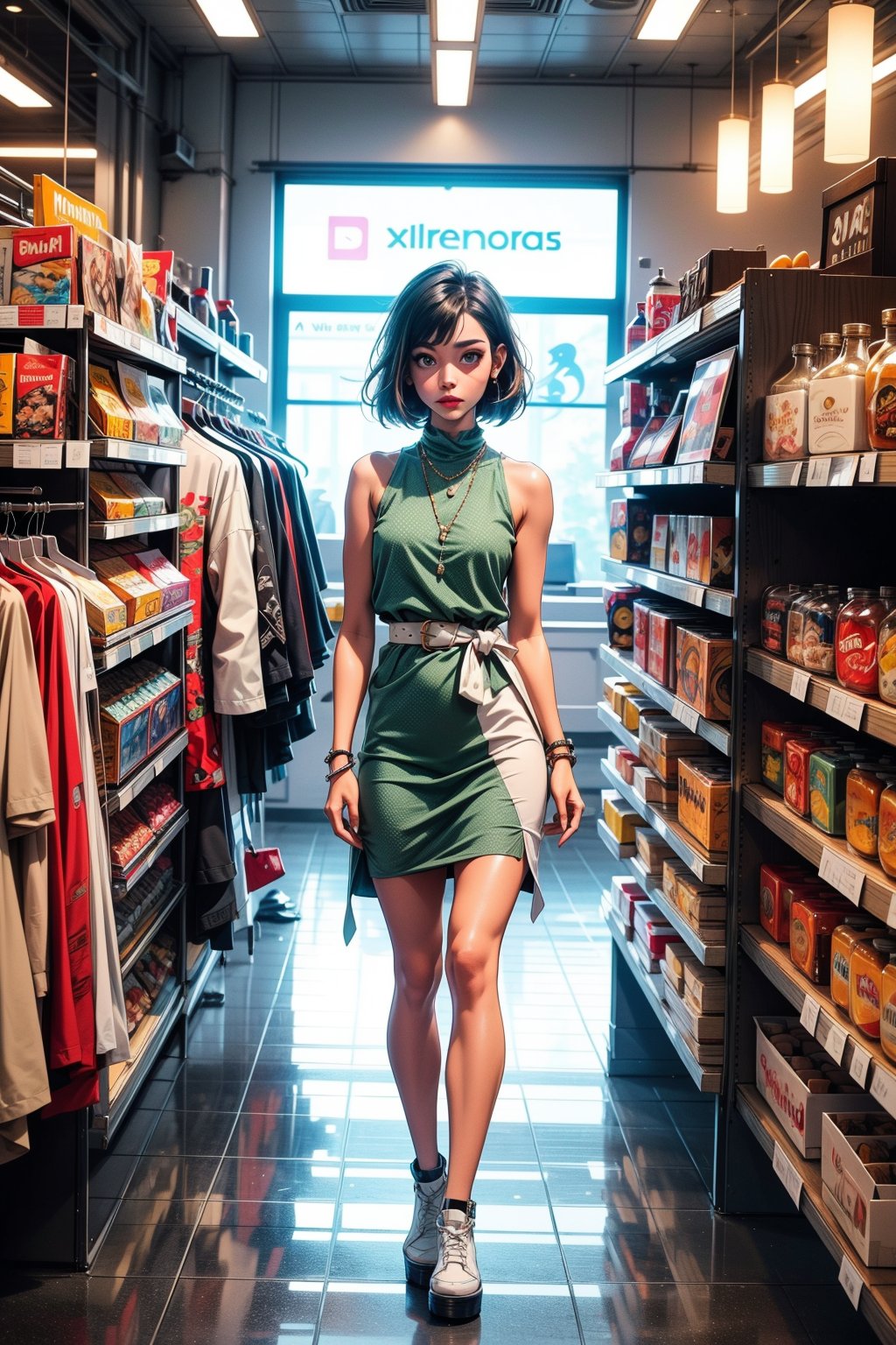 a woman stands on a platform in a modern fashion store. She is dressed in a vibrant green sleeveless dress, adorned with a black belt. Her hair is styled in a sleek bob, and her eyes are focused on the left side of the frame. The woman's dress is adorned with white polka dots, adding a pop of color to her outfit. The platform she is standing on is white, and the walls of the store are a creamy beige, while the floor is a dark gray. To the right of the woman is a white wall with an arrow pointing to the right.