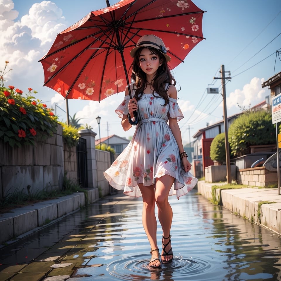 1girl, solo, long hair, brown hair, hat, dress, flower, outdoors, water, umbrella, sandals