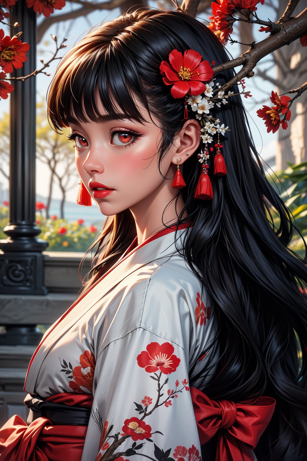 1girl, solo, long hair, looking at viewer, bangs, black hair, hair ornament, red eyes, brown eyes, jewelry, closed mouth, upper body, flower, earrings, japanese clothes, blunt bangs, kimono, from side, lips, looking to the side, sash, obi, branch, red lips, black kimono