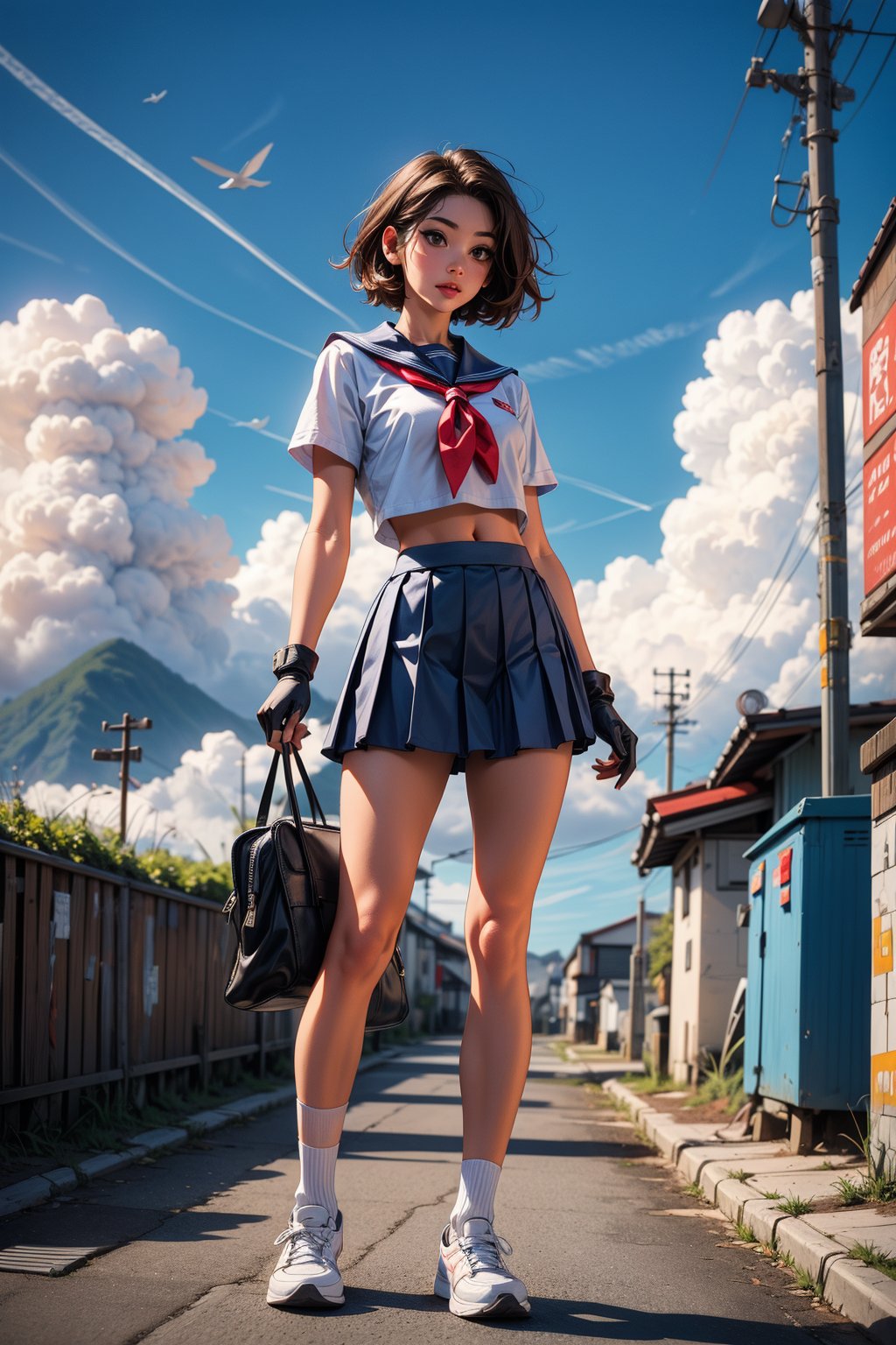 1girl, solo, short hair, skirt, brown hair, gloves, navel, brown eyes, school uniform, standing, full body, short sleeves, pleated skirt, outdoors, sky, shoes, serafuku, day, socks, midriff, cloud, fingerless gloves, sailor collar, blue sky, lips, blue skirt, crop top, neckerchief, headband, sunlight, cloudy sky, white socks, blue sailor collar, sneakers, red gloves, sun, kasugano sakura