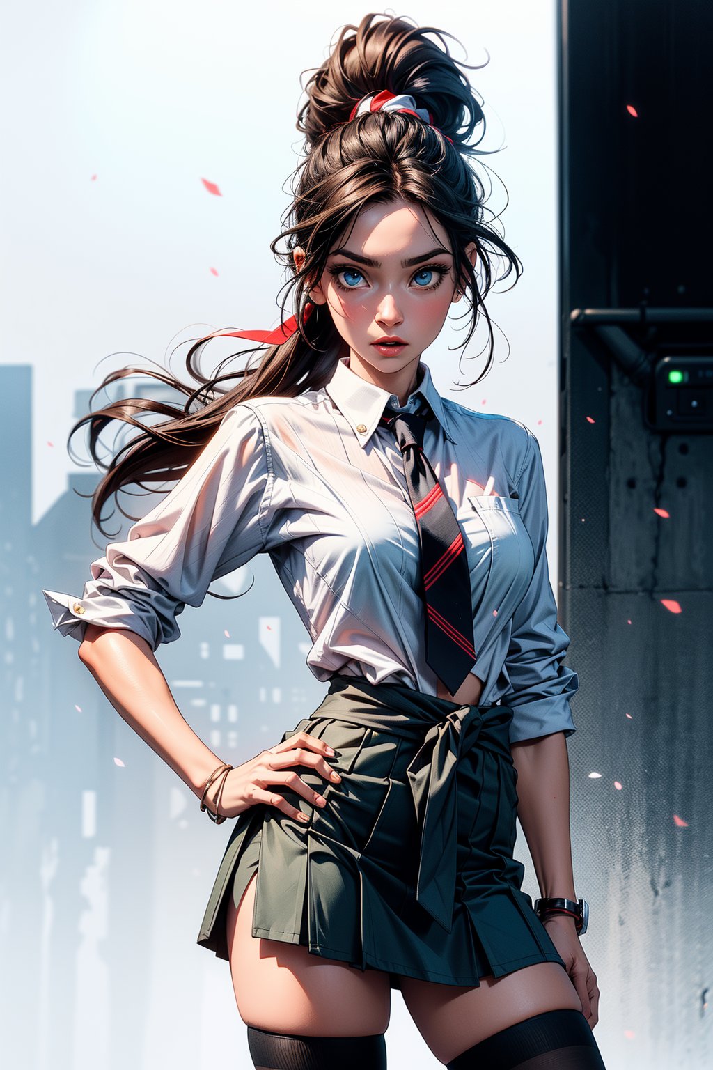 a medium-sized animated woman stands against a stark white backdrop. She is wearing a white button-down shirt, a green skirt, and a red and white striped tie tied around her waist. Her hair is long and cascades in a ponytail. Her eyes are a piercing blue, and her mouth is slightly open. She has a serious expression on her face. Her left hand is raised, while her right hand is resting on her hip. She's wearing a pair of black socks, adding a pop of color to her outfit.