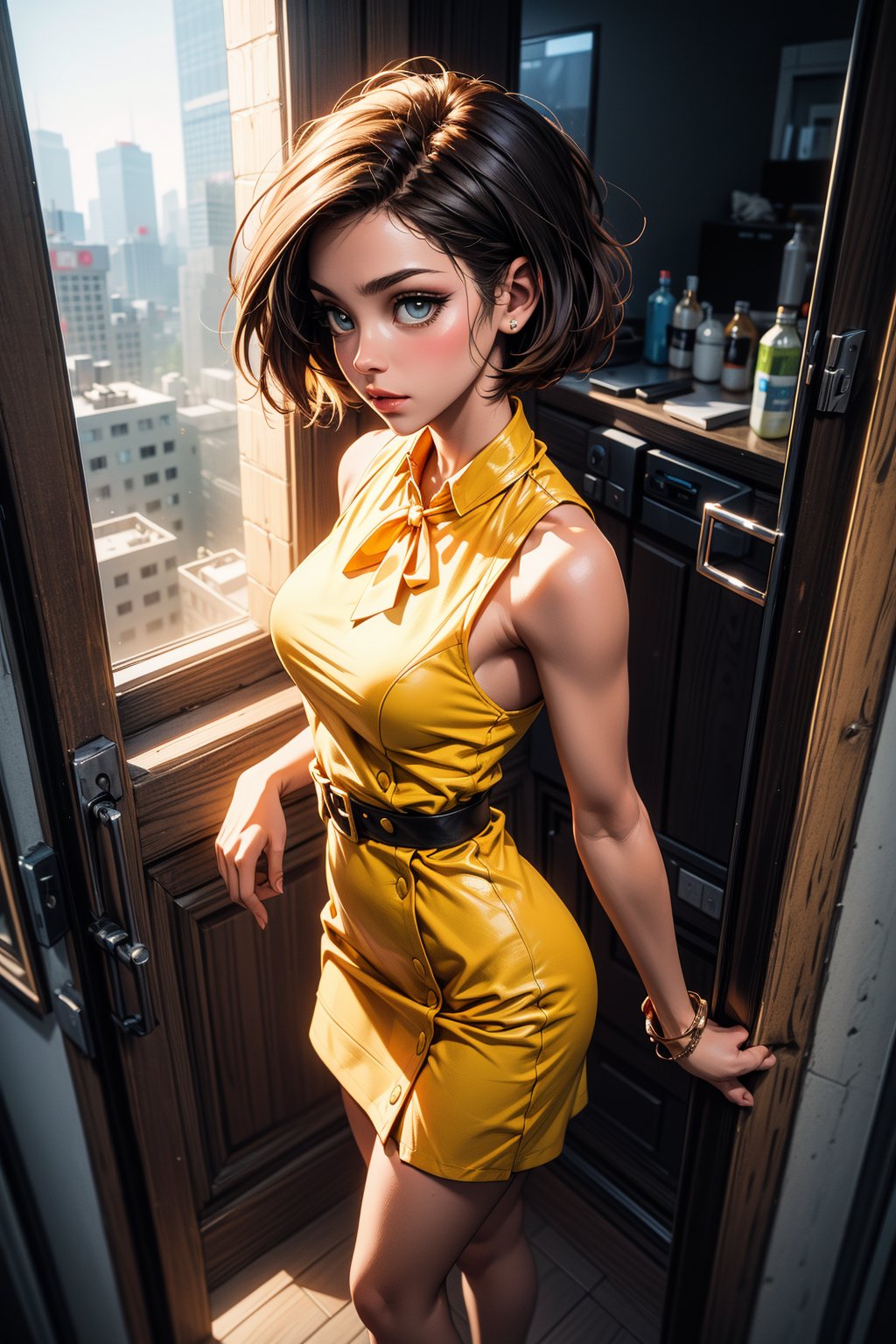 Captured at eye-level, a medium-angle shot captures a woman in a ((yellow sleeveless dress)), standing in front of a glass door. The woman's dress is adorned with a yellow tie-up at the neckline, adding a pop of color to the scene. Her hair is styled in a sleek bob, and her eyes are focused on the left side of the frame. The backdrop of the scene is a window, with a view of a building in the window.