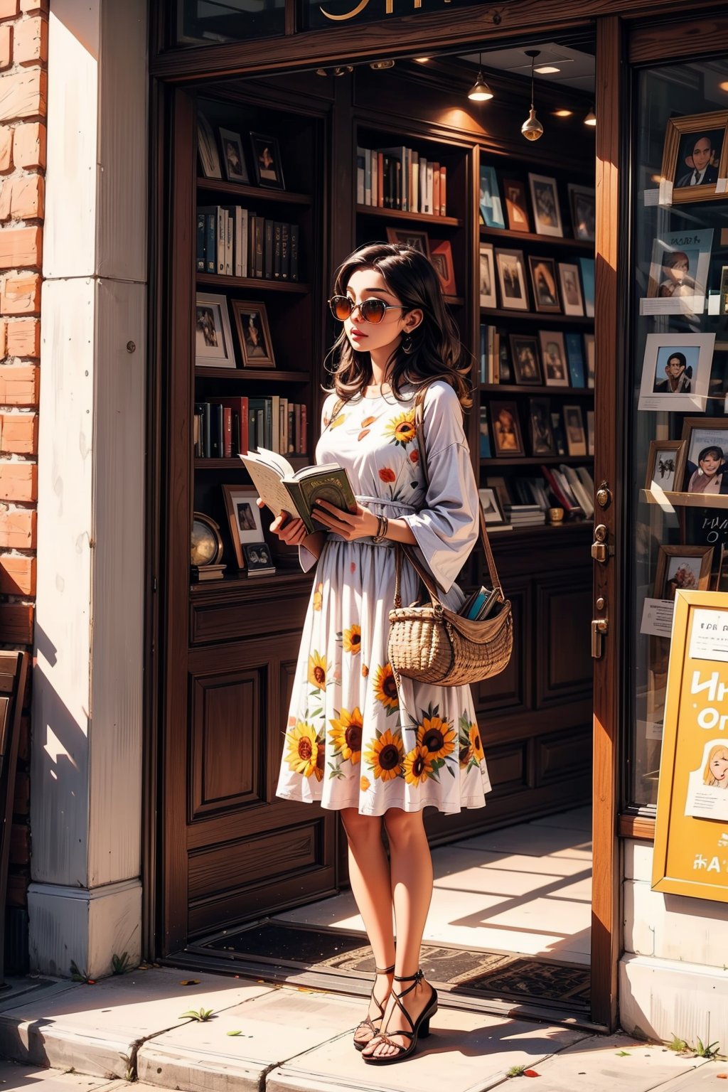 a woman stands in front of a book store. She is wearing a long sleeved orange and white dress, adorned with a sunflower pattern, and she is holding a woven basket in her left hand. The woman is wearing black sandals, and sunglasses. The store's name, "FAQIR-CHAND BOOK STORE," is written in red letters on a white background. A brown door is visible behind the woman, and a shelf of books is visible on the right side of the image.