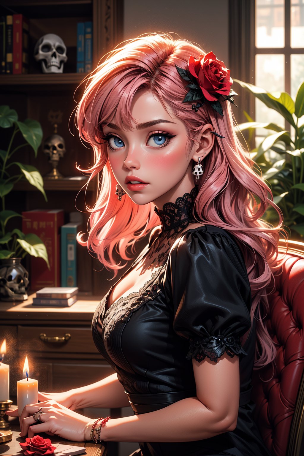 1girl, solo, long hair, looking at viewer, blush, bangs, blue eyes, hair ornament, dress, jewelry, pink hair, flower, short sleeves, earrings, parted lips, puffy sleeves, indoors, hair flower, black dress, puffy short sleeves, petals, rose, ring, plant, red flower, skull, red rose, candle, thorns