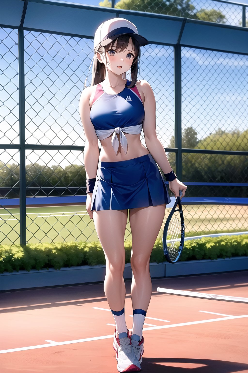 a female tennis player tube top, full body, ((tied up)) on the tennis court. 