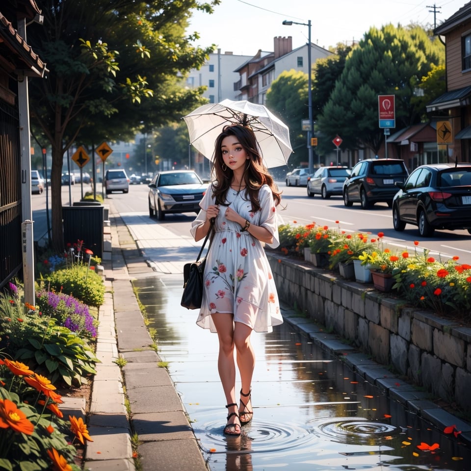 1girl, solo, long hair, brown hair, hat, dress, flower, outdoors, water, umbrella, sandals