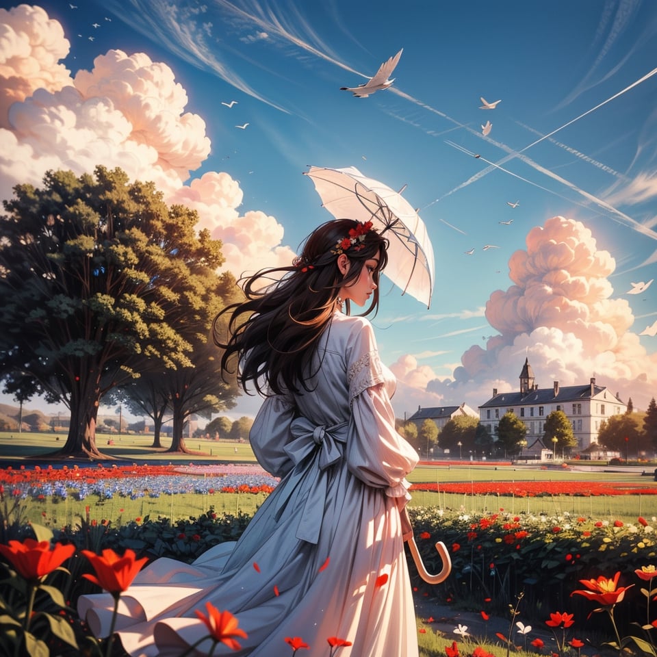 1girl, solo, long hair, brown hair, dress, holding, flower, outdoors, sky, day, cloud, from behind, white dress, blue sky, umbrella, red flower, building, scenery, parasol, field