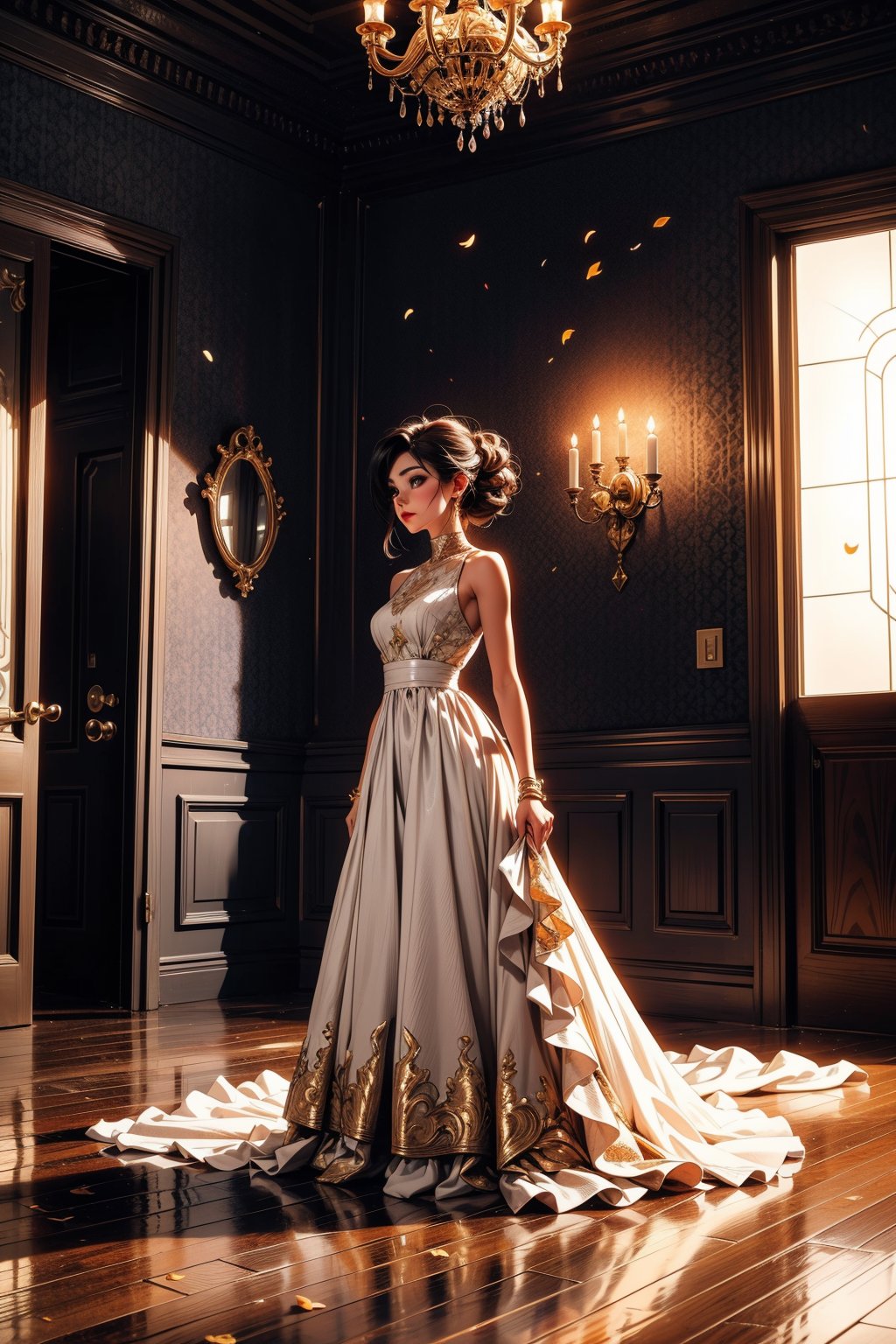 Captured at eye-level, a full-angle shot of a woman in a lavender sleeveless dress stands in the middle of the frame. The woman's dress is adorned with a high neckline and a long skirt that reaches to the floor. Her hair is styled in a sleek bob and she's looking to the right. The backdrop is a cream-colored wall with intricate designs, adding a touch of color to the scene. To the right of the woman, a white door with a decorative design is visible. The floor is covered in a red carpet with gold leaves scattered across it. The walls are adorned with light-colored wood panels, with a black door in the center. Two chandeliers are hanging from the ceiling, and a small black table is on the left side of the room.