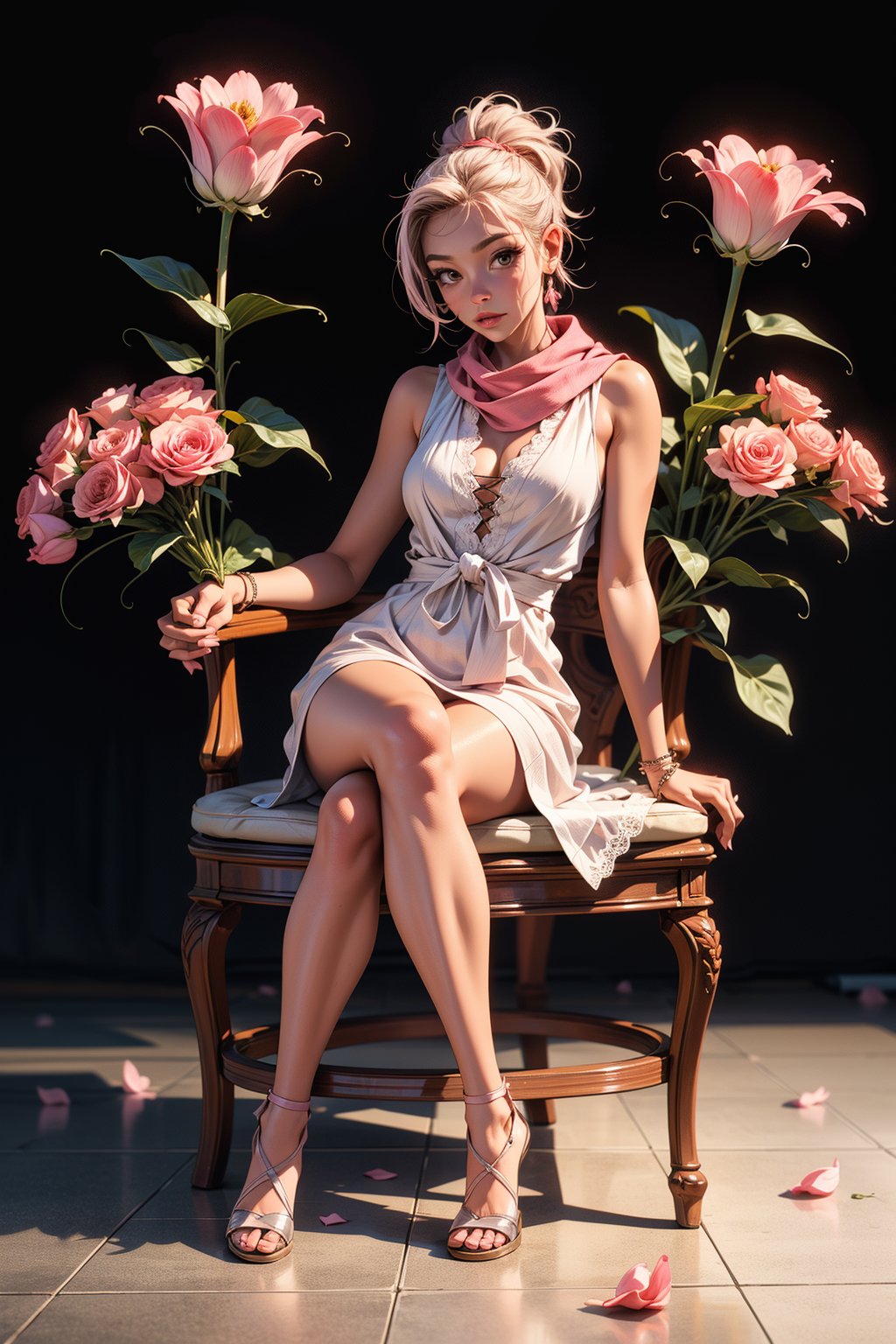 a woman is seated on a cream-colored floor. She is dressed in a ((light pink sleeveless dress)), adorned with white lace-up high-heeled sandals. Her hair is pulled back in a ponytail, and she is wearing a pink scarf tied around her head, adding a touch of color to her face. Her left hand rests on her hip, while her right hand holds a bouquet of pink flowers. The backdrop is a creamy beige, with a watermark in the bottom right corner of the frame.