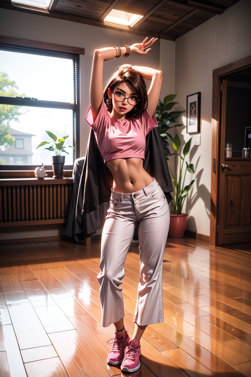 1girl, solo, long hair, looking at viewer, brown hair, shirt, black hair, navel, jewelry, standing, full body, short sleeves, shoes, glasses, midriff, pants, indoors, arms up, bracelet, lips, ((pink crop top)), wooden floor, realistic, white pants, photo background