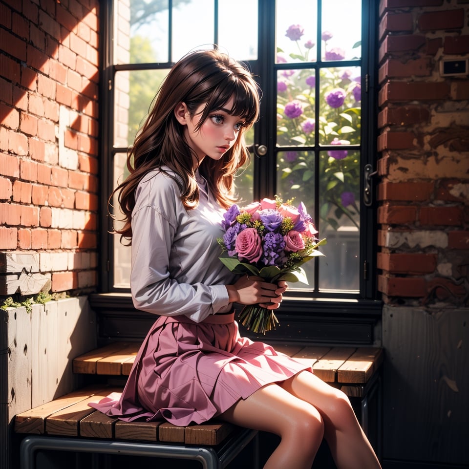 1girl, solo, long hair, skirt, brown hair, shirt, long sleeves, holding, sitting, open eyes, flower, tree, window, pink flower, pink skirt, purple skirt, long skirt, bouquet, purple flower, brick wall