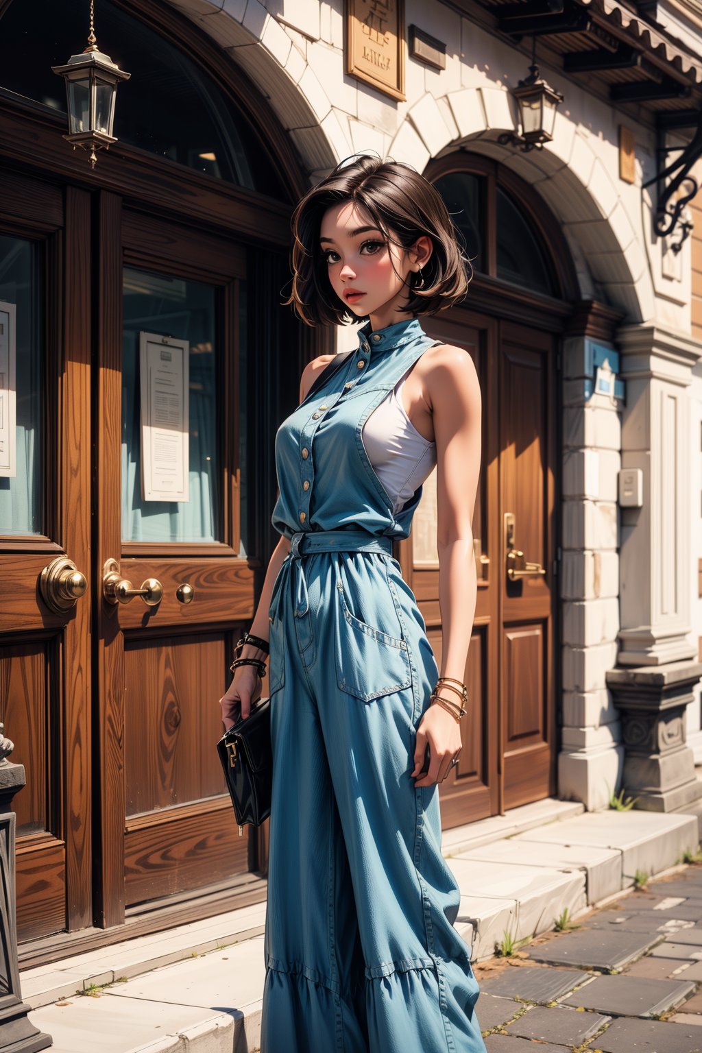 a woman stands in front of a white stone building, adorned with a ((blue sleeveless jumpsuit)). The woman's hair is styled in a sleek bob, and she's wearing a bracelet on her left wrist. She is holding a brown purse in her right hand, adding a touch of contrast to her outfit. The building's facade is adorned with white stones, and a brown wooden door is visible in the background. To the right of the woman, a green evergreen tree is growing, adding depth to the scene.