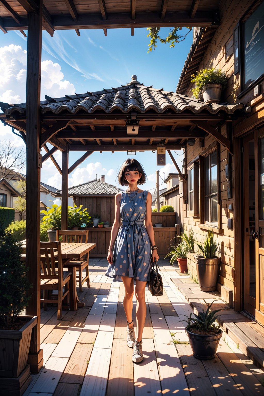 a woman stands in a blue sleeveless dress, adorned with white polka dots. Her hair is styled in a sleek bob, adding a touch of greenery to the scene. She stands in front of a white table and chairs, with a black bag on top of it. To the right of her, a gray pot with a plant in it is placed on the ground. The pot is placed against a wooden fence, adding depth to the composition. The ceiling of the room is made up of wooden beams, suspended from the ceiling of a clear blue sky.