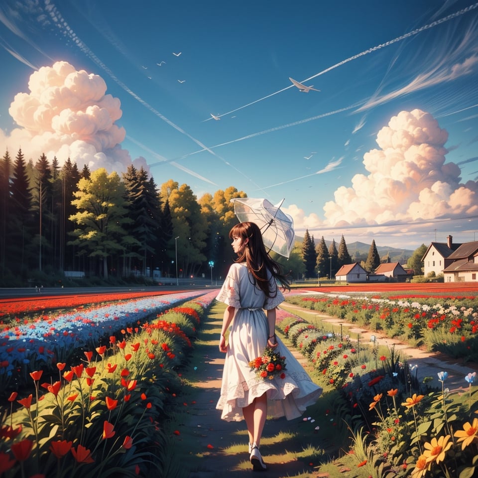 1girl, solo, long hair, brown hair, dress, holding, flower, outdoors, sky, day, cloud, from behind, white dress, blue sky, umbrella, red flower, building, scenery, parasol, field