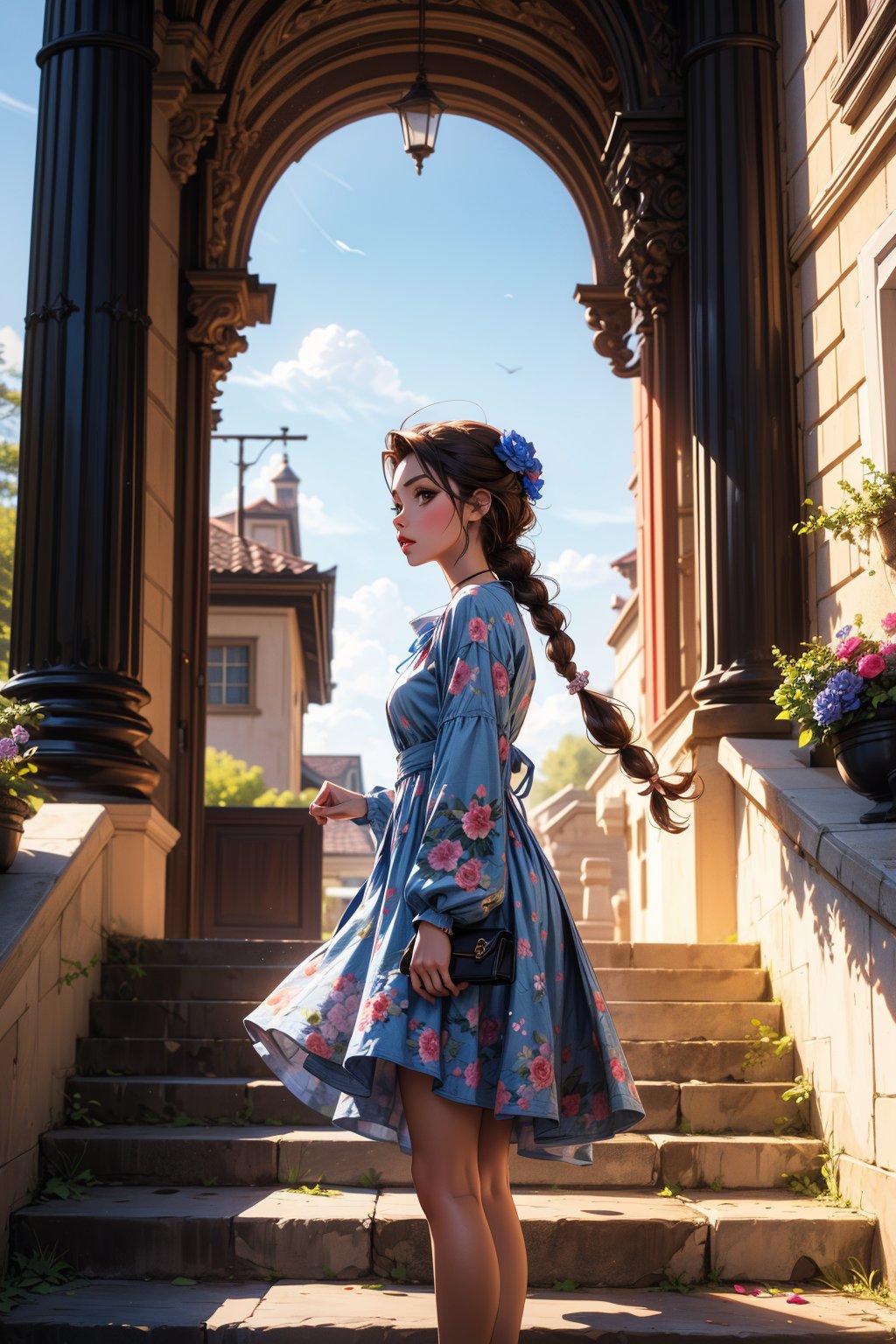 1girl, solo, long hair, looking at viewer, brown hair, hair ornament, long sleeves, dress, brown eyes, jewelry, standing, braid, flower, outdoors, parted lips, from side, lips, blue dress, floral print, sunlight, stairs, pillar, arch