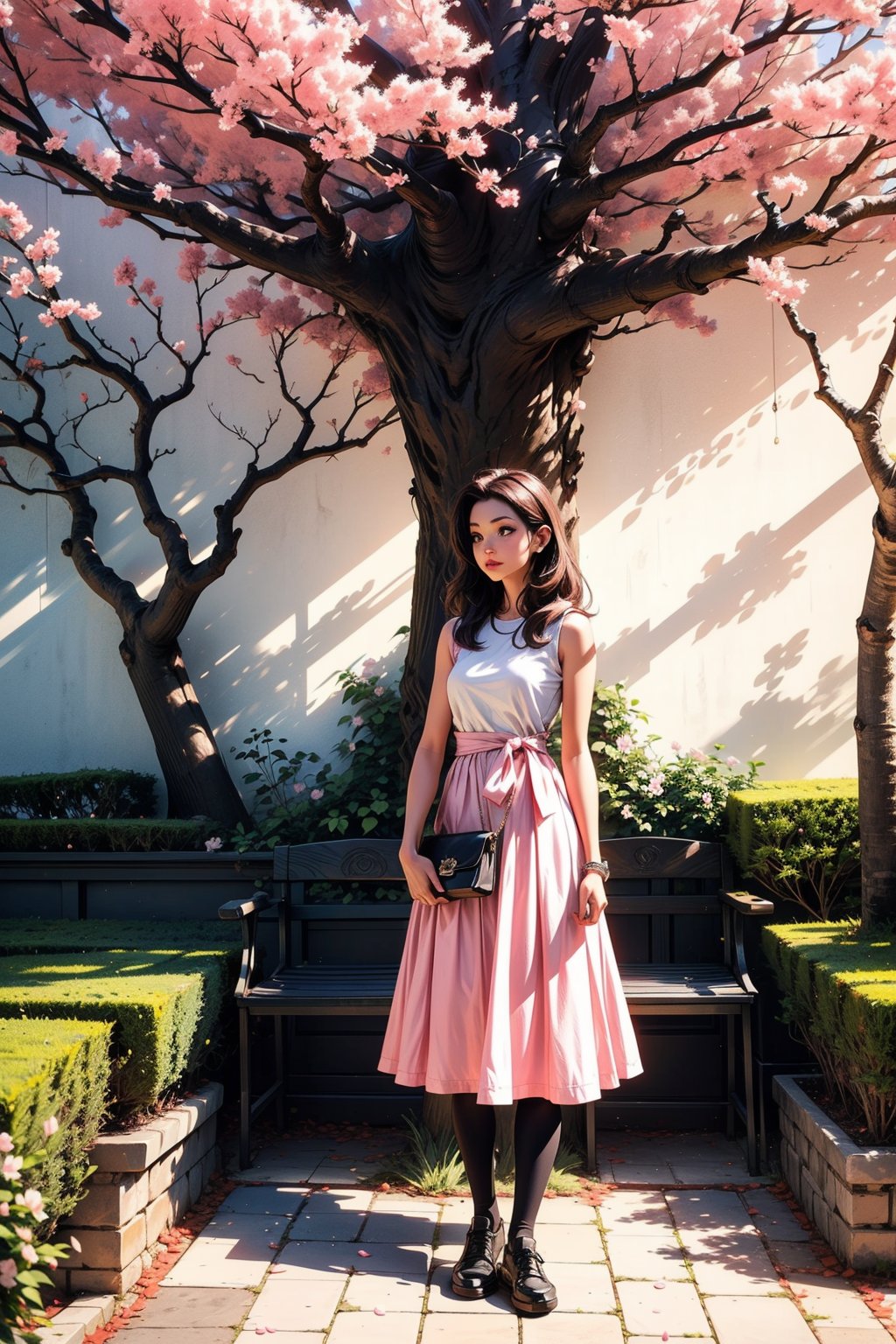 a woman stands in a pink and white checkered sleeveless dress, adorned with a white purse. She stands in front of a large tree adorned with cherry blossom flowers, adding a touch of color to the scene. The tree casts a shadow on the floor beneath her, adding depth to the composition. To the right of the woman, a man in a white t-shirt and black pants stands in the distance. To her left, a green chair is positioned against a white wall with a mirror on it.