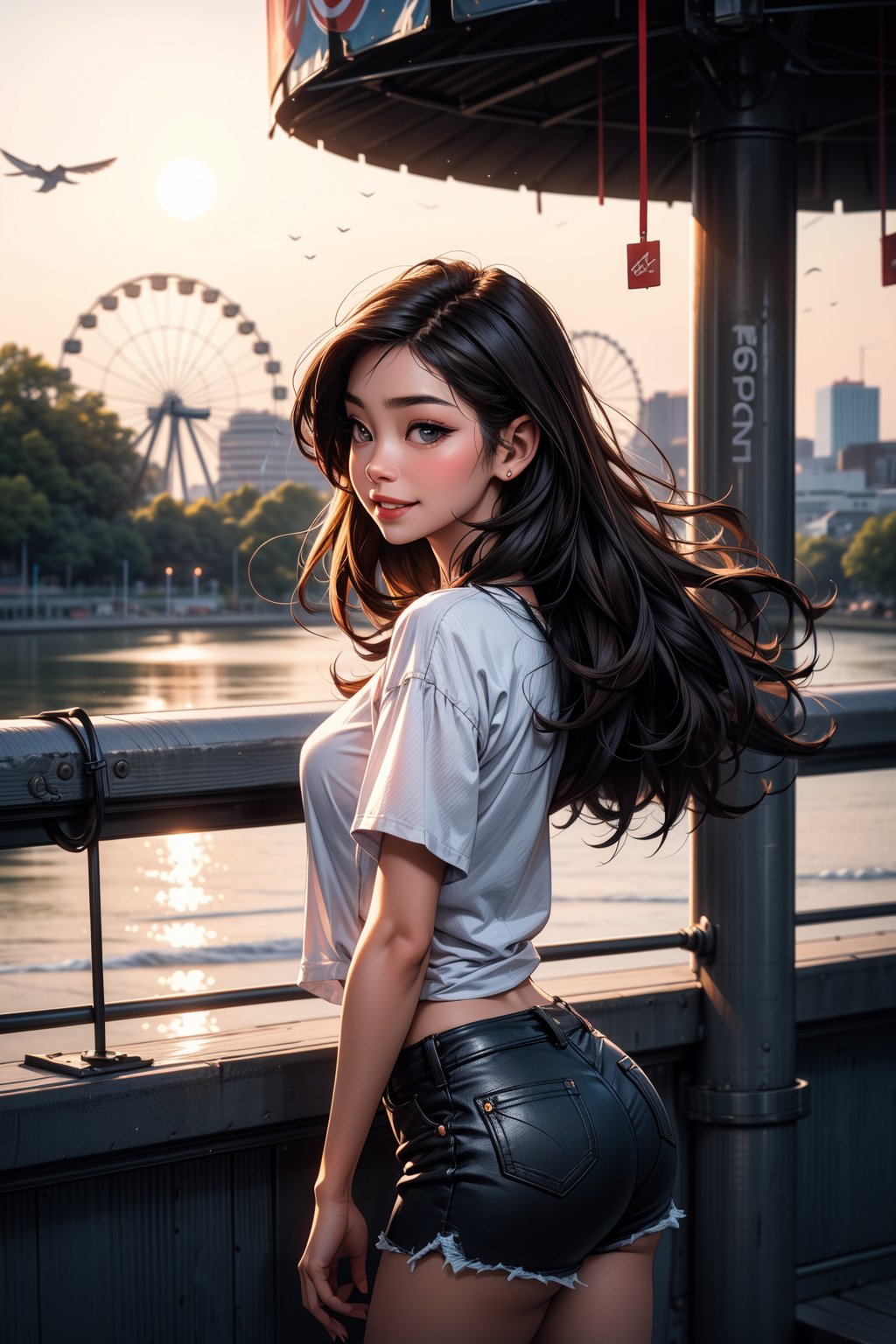 a medium-sized Asian woman with long, straight brown hair stands in front of a body of water. She is smiling, her lips are slightly parted, and her eyes are slightly open. She has a white flower pinned to her left ear, adding a touch of color to her face. The woman's hair is cascading down her shoulders, framing her right shoulder. She's wearing a light-colored, short-sleeved shirt, and a pair of black shorts with white polka dots on them. In the background, a large ferris wheel can be seen in the distance. The sun is setting, casting a warm glow over the scene.