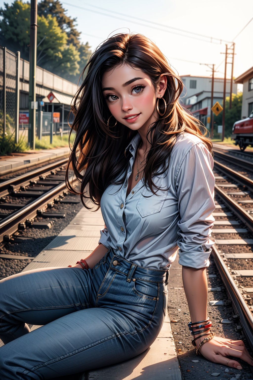 1girl, solo, long hair, smile, brown hair, shirt, black hair, jewelry, sitting, bracelet, realistic, photo background, railroad tracks