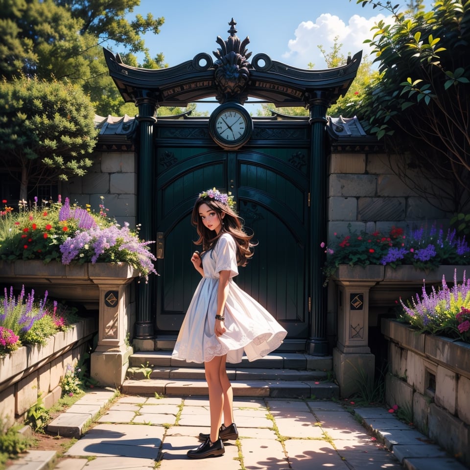 1girl, solo, long hair, brown hair, dress, standing, flower, short sleeves, outdoors, black footwear, white dress, tree, plant, stairs, clock, wide shot, ((green gate in the background)), purple flowers in the background 