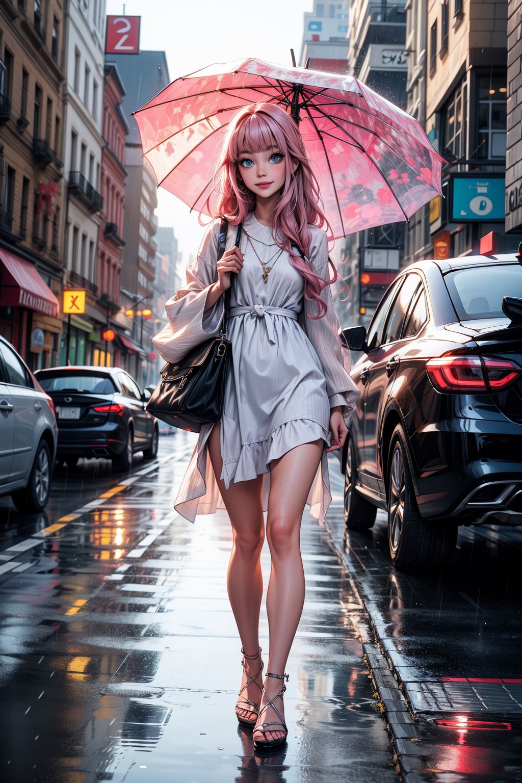 1girl, solo, long hair, looking at viewer, smile, bangs, blue eyes, long sleeves, dress, holding, jewelry, very long hair, standing, full body, pink hair, outdoors, wide sleeves, white dress, toes, umbrella, sandals, plant, ground vehicle, building, reflection, rain, holding umbrella, car, transparent, street, transparent umbrella