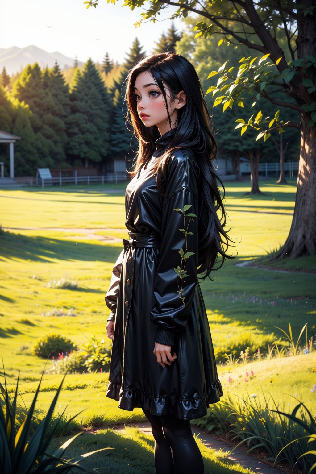 1girl, solo, long hair, black hair, long sleeves, dress, standing, outdoors, grass, plant