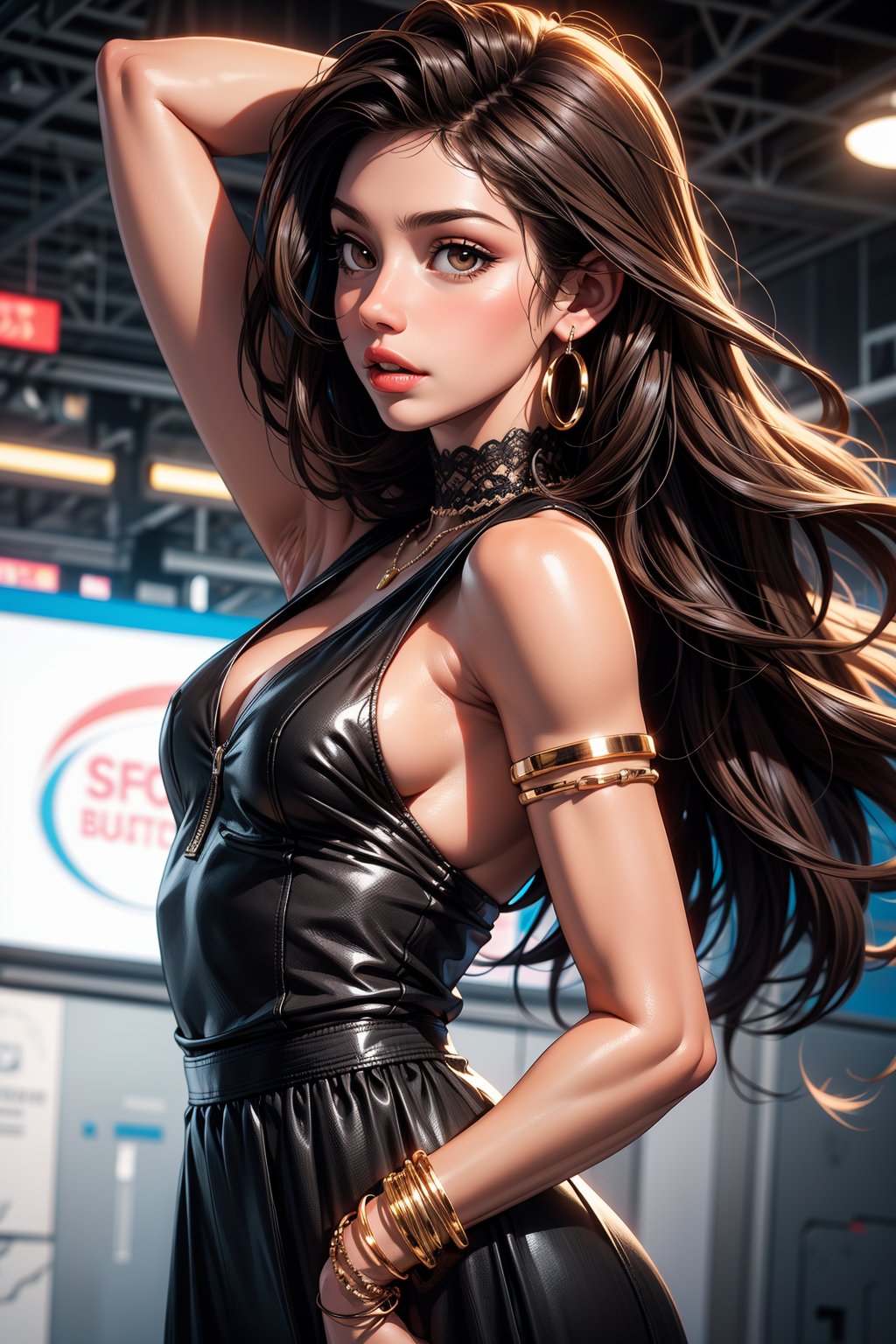 1girl, solo, long hair, brown hair, black hair, dress, brown eyes, jewelry, armpits, arm up, bracelet, realistic