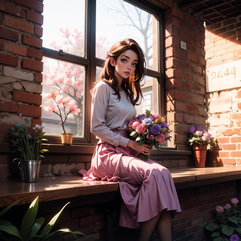 1girl, solo, long hair, skirt, brown hair, shirt, long sleeves, holding, sitting, open eyes, flower, tree, window, pink flower, pink skirt, purple skirt, long skirt, bouquet, purple flower, brick wall