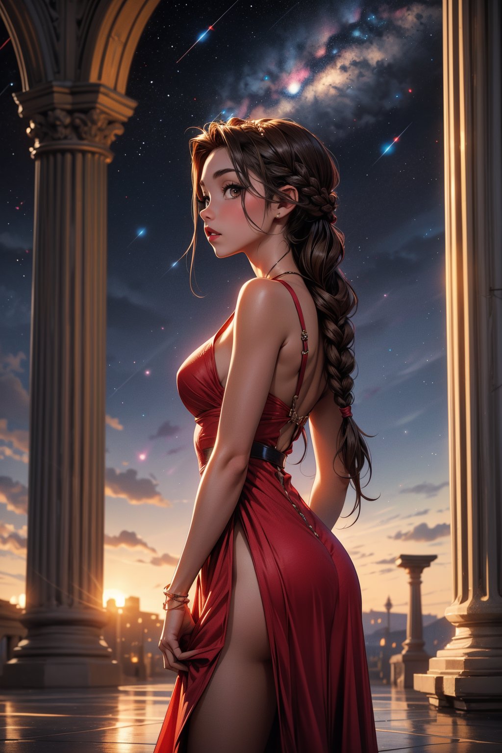 1girl, solo, long hair, brown hair, dress, standing, braid, sky, profile, star \(sky\), pillar, (((looking at the viewer))) border, sexy pose
