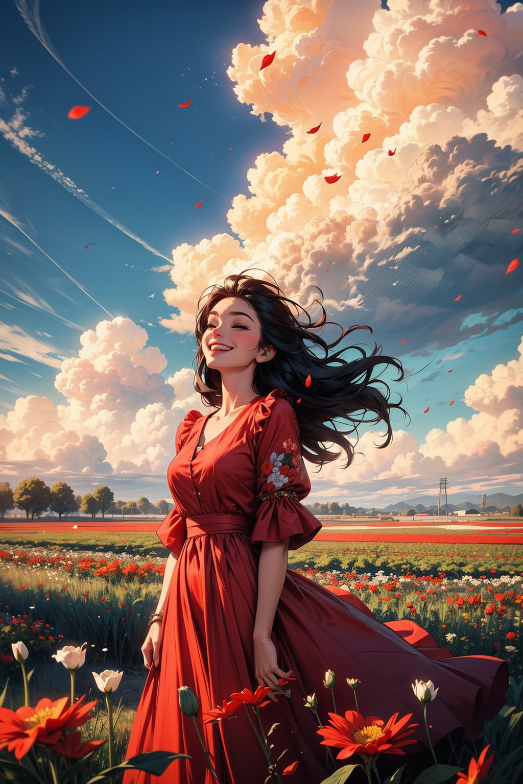 1girl, solo, long hair, smile, black hair, closed eyes, upper body, flower, outdoors, sky, day, cloud, blue sky, petals, red dress, cloudy sky, red flower, wind, field, flower field