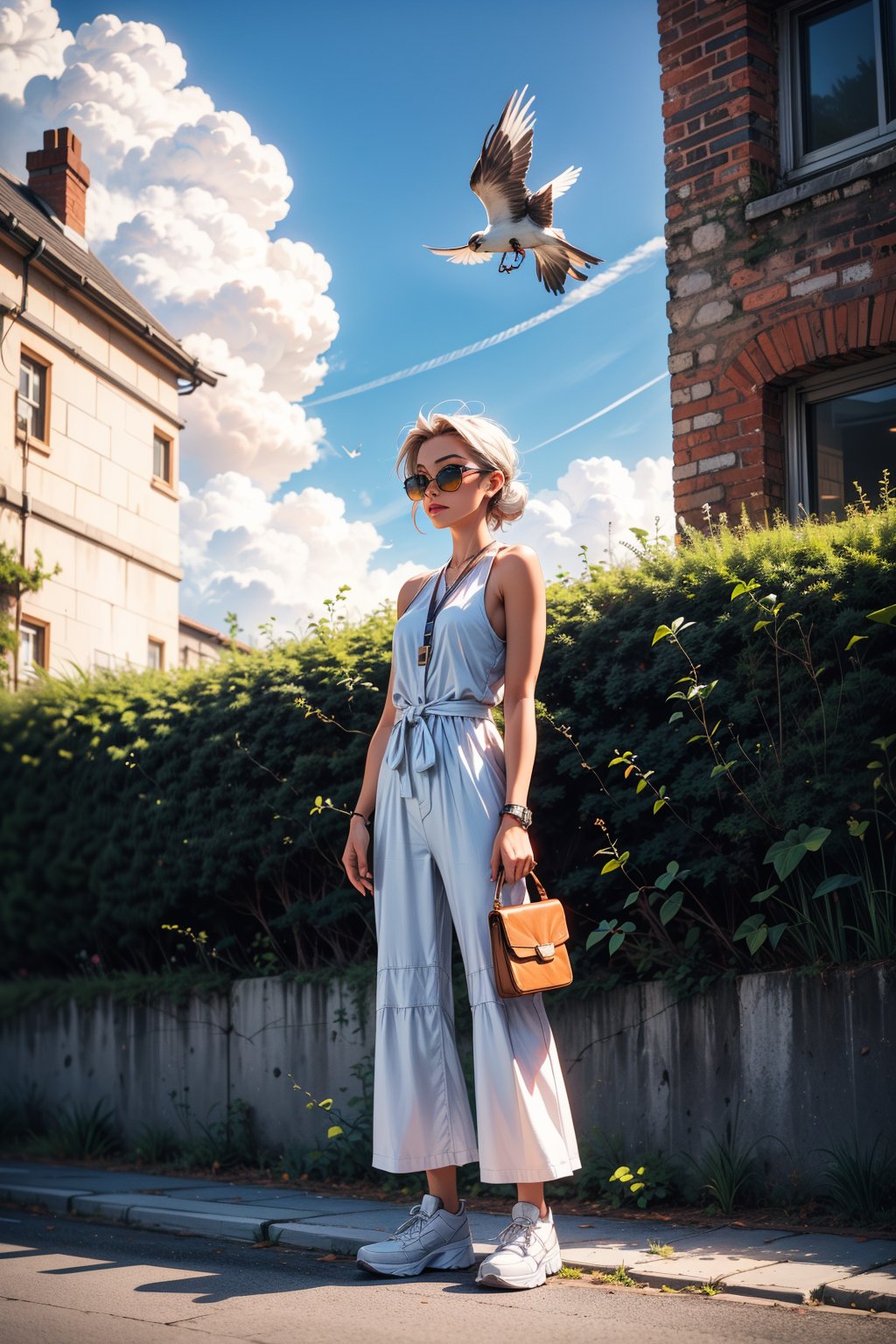 Captured at eye-level on a sunny day, a woman in a white sleeveless jumpsuit stands in front of a tan stone planter. She is holding a white cell phone in her right hand and a brown leather bag on her left shoulder. She has dark sunglasses on her face. The planter is placed on a concrete platform that is surrounded by a row of hedges. Behind the hedges is a brick building. The sky is dotted with white clouds, adding a touch of color to the scene.