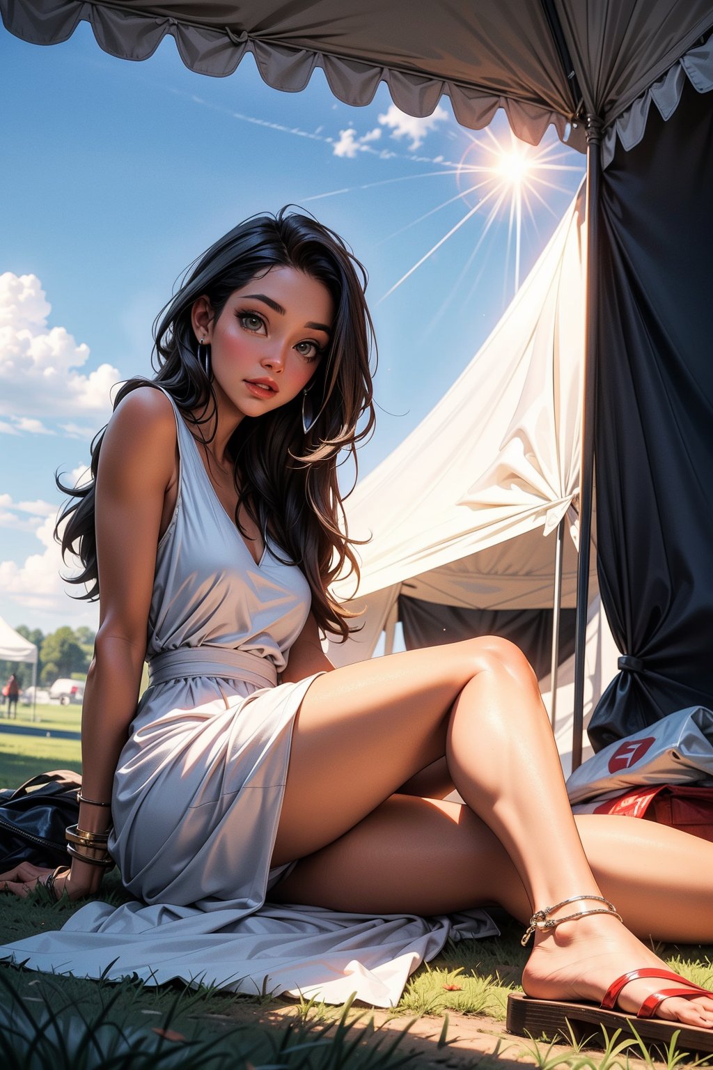 a woman with long brown hair, wearing a sleeveless dress and white sandals is lying on the grass. Her left arm is stretched out in front of her, while her right arm is resting on the ground. The woman's eyes are squinted and her lips are slightly parted, as if she is posing for the camera. She is wearing a silver bracelet, adding a pop of color to her dress. In the background, a tent is visible, with a yellow roof and white drapes hanging from it. The sun is shining through the tent, providing a warm glow to the scene.