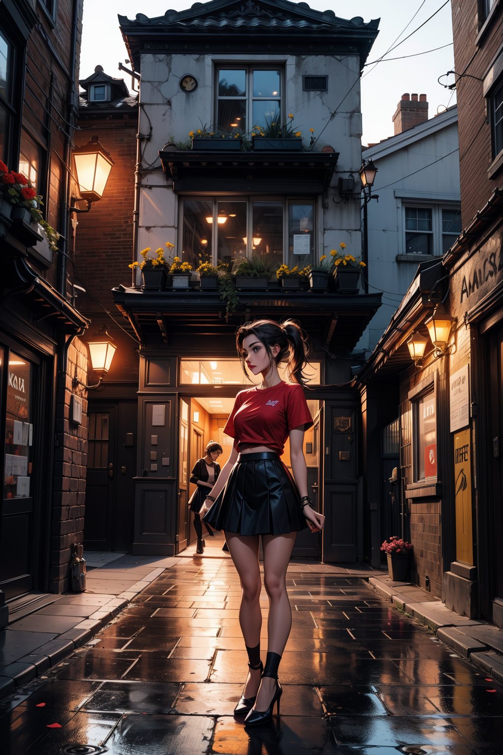 a woman stands on a cobblestone street in front of a gray building. She is dressed in a ((short-sleeved red shirt, a black skirt)), and black pumps. The woman's hair is pulled back in a ponytail, and she is looking off to the side. The building is adorned with a white sign that reads "Vamilla Kade" in black lettering. Two rectangular planters are on the left side of the building, each with yellow flowers in them. A black lamp is attached to the building on the right side.