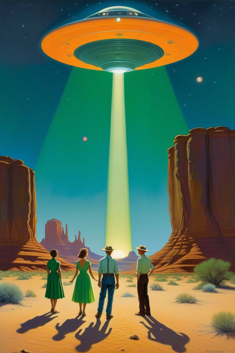 oil painting by norman rockwell, A retro-futuristic scene in a desert at dusk. A large UFO hovers above the ground, emitting a bright green beam of light. Three figures stand nearby—one walks toward the beam while two others, a man in jeans and a woman in a glowing, starry dress, watch from a distance. The sky is filled with planets and stars, adding to the surreal extraterrestrial atmosphere, evoking a sense of wonder and curiosity.