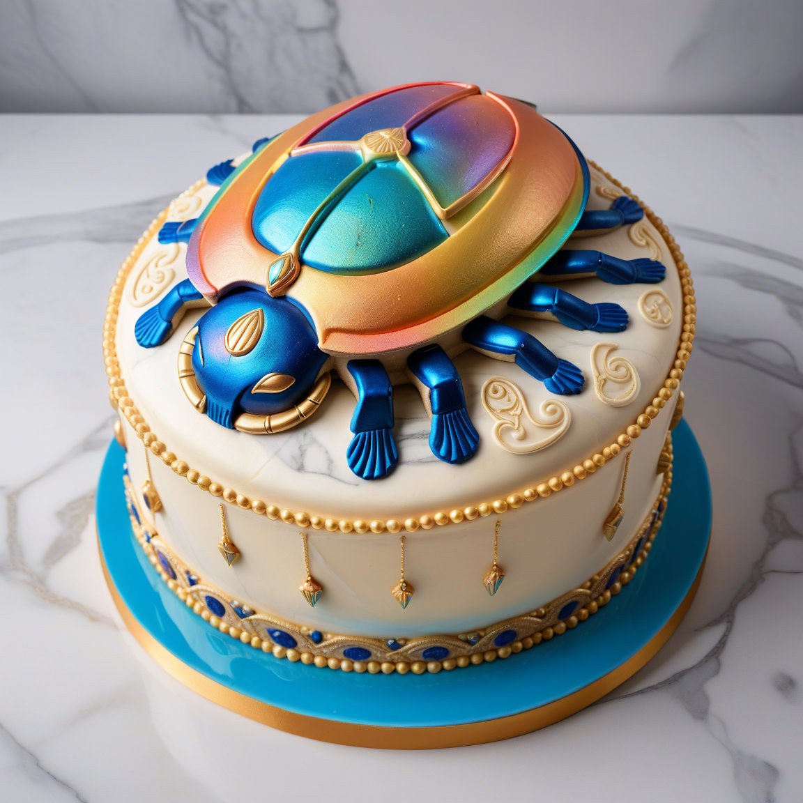 glossy, specular, oblique side view,
decorated buttercream cake sculpture in shape of iconic Egyptian scarab,  Scarabaeus sacer, six legs,  peach frosting with iridescent lapis lazuli, red and gold highlights, seamless rainbow iridescent paisley gold filigree, silver dragees, cake has a smooth, glossy surface, clear division down the middle of shell and six legs. scarab  on marble counter with subtle veining in shades of white and gray, opulent presentation