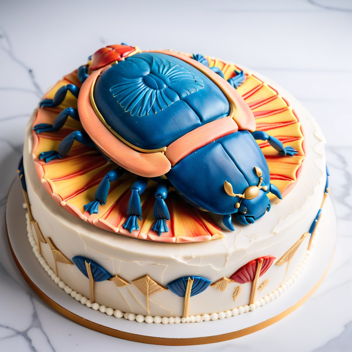 decorated buttercream cake of traditional Egyptian scarab beetle,  yellow, peach frosting with lapis lazuli, red and gold highlights, oblique view. cake has a smooth, glossy surface, clear division down the middle of the shell and six legs. scarab  on a luxurious marble counter,  marble featuring subtle veining in shades of white and gray, opulent presentation. lighting emphasizes glossy finish of cake, rich colors of the scarab's design.