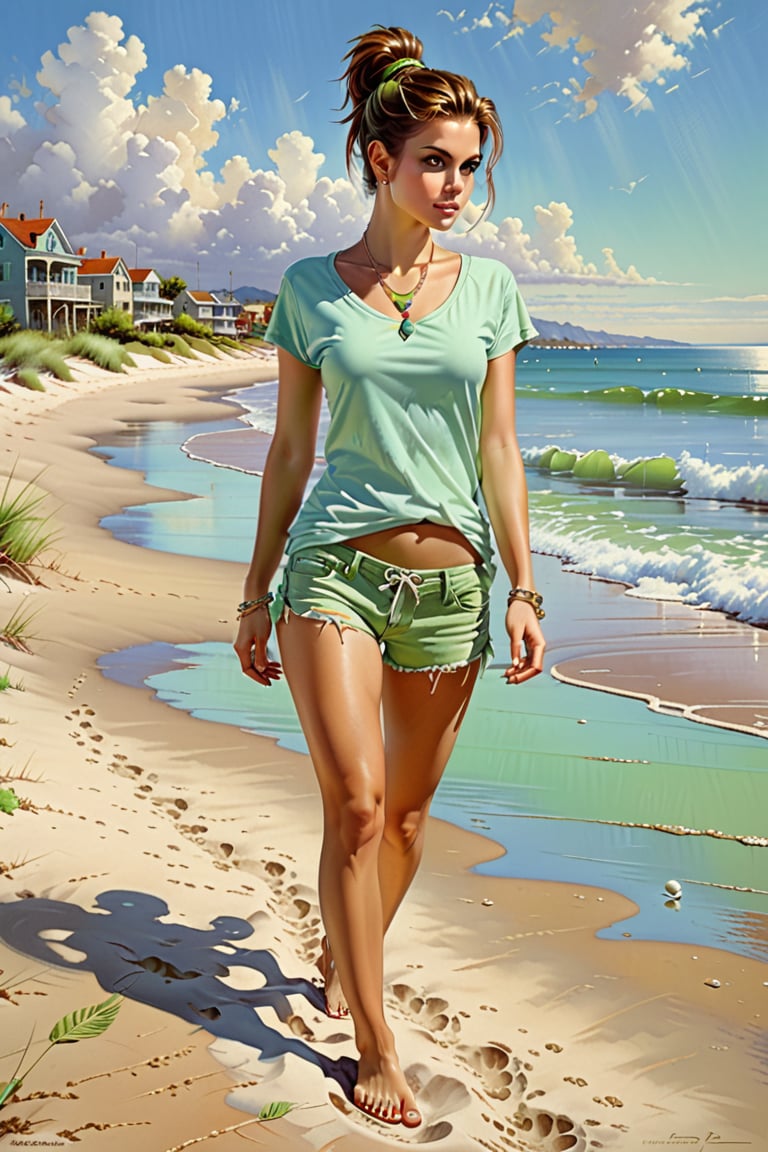 commercial airbrush art style emphasizing earth tones and muted color by pino daeni, full body Front view, Young woman with auburn ponytail, barefoot on sandy beach, facing viewer, feet in sand, 
people on beach,
Wears light green solid T-shirt without text, light blue denim shorts, shell necklace, T-shirt loosely tucked. Full body visible, footprints in sand. Coastal town with weathed stucco facades, Clear sky, fluffy clouds, sunny vibe. Soft lighting, vibrant colors. shadows, detailed footprints
