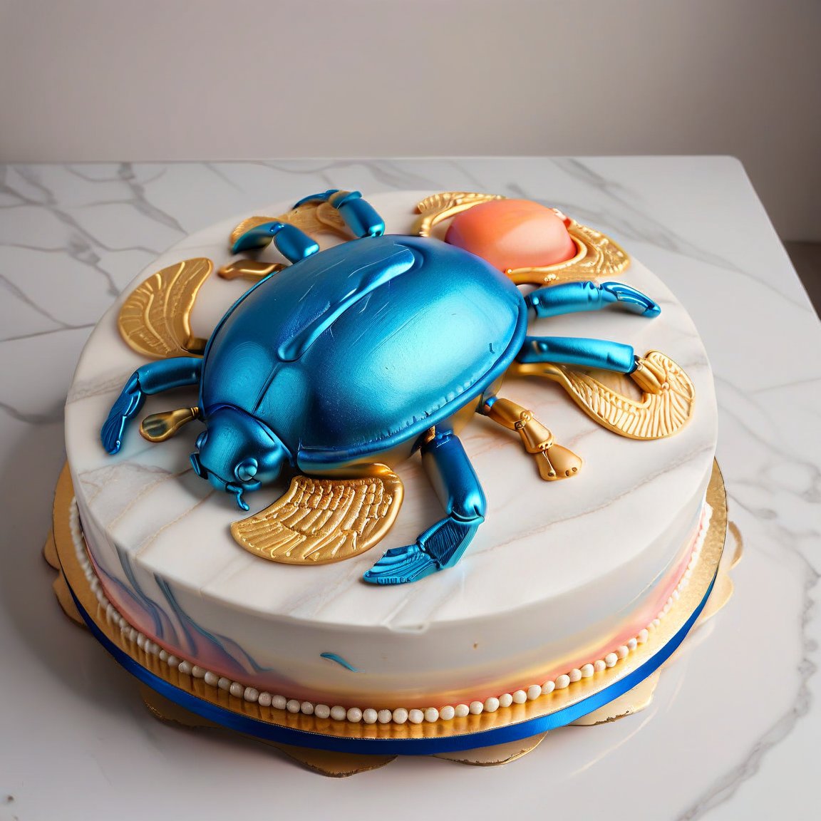 glossy, specular, oblique side view,
decorated cake sculpture in shape of iconic colorful Egyptian scarab,  Scarabaeus sacer, ((six insect legs)),  peach frosting with iridescent lapis lazuli, red and gold highlights, seamless rainbow iridescent paisley gold filigree, silver dragees, cake has a smooth, glossy surface, clear division down the middle of shell and six legs. scarab  on marble counter with subtle veining in shades of white and gray, opulent presentation,Egyptian mythology style