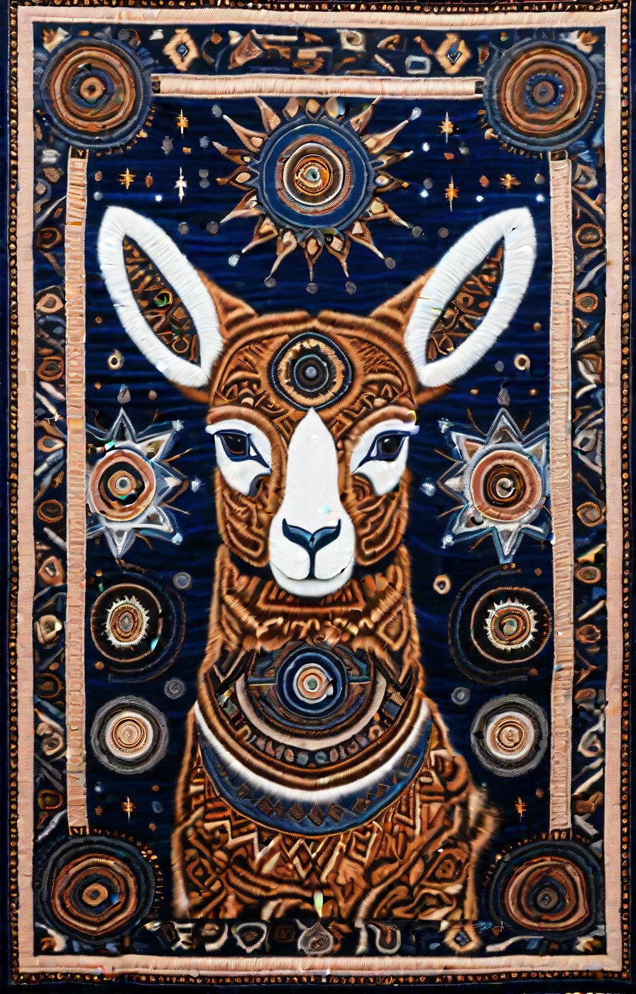 tapestry wall hanging by pablo amaringo, alex grey
 stylized and vibrant alpaca in front view symmetrical pose. alpaca soft, woolly texture earthy tones brown, cream, beige. background deep midnight blue with intricate geometric patterns and celestial motifs, accented with hints of deep greens. The tapestry's borders feature detailed, woven patterns with earth tones, creating a harmonious balance. overall design has  mystical feel, texture of tapestry clearly visible, tactile, handmade quality and the natural use of alpaca wool.