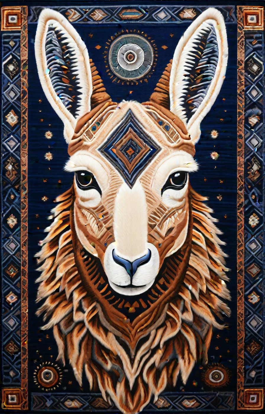 tapestry wall hanging by pablo amaringo, alex grey
 stylized and vibrant alpaca in front view symmetrical pose. alpaca soft, woolly texture earthy tones brown, cream, beige. background deep midnight blue with intricate geometric patterns and celestial motifs, accented with hints of deep greens. The tapestry's borders feature detailed, woven patterns with earth tones, creating a harmonious balance. overall design has  mystical feel, texture of tapestry clearly visible, tactile, handmade quality and the natural use of alpaca wool.