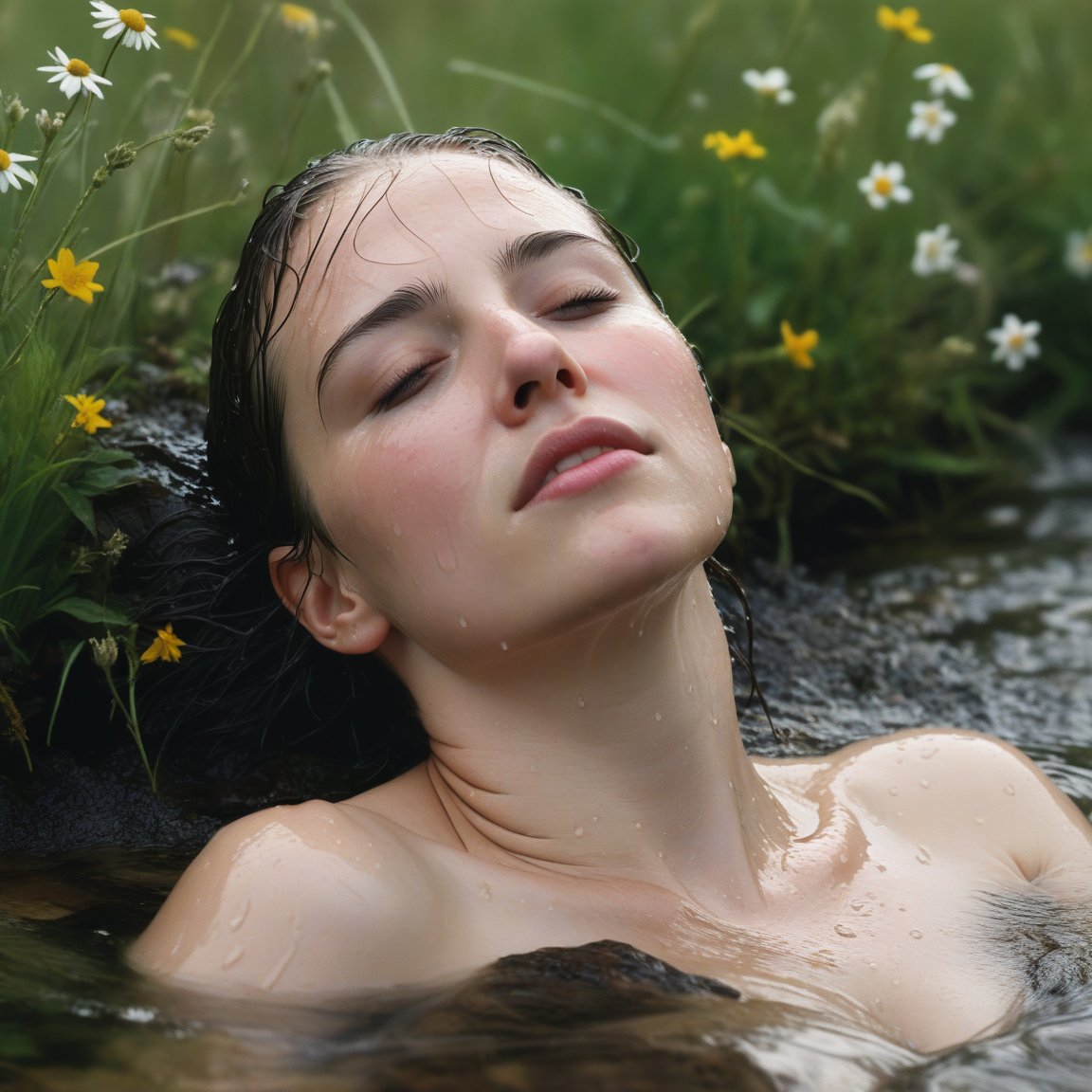 close up woman bathing in the rain with head out of the water, immersed to neck, in a stream by wildflower meadow by alyssa monks