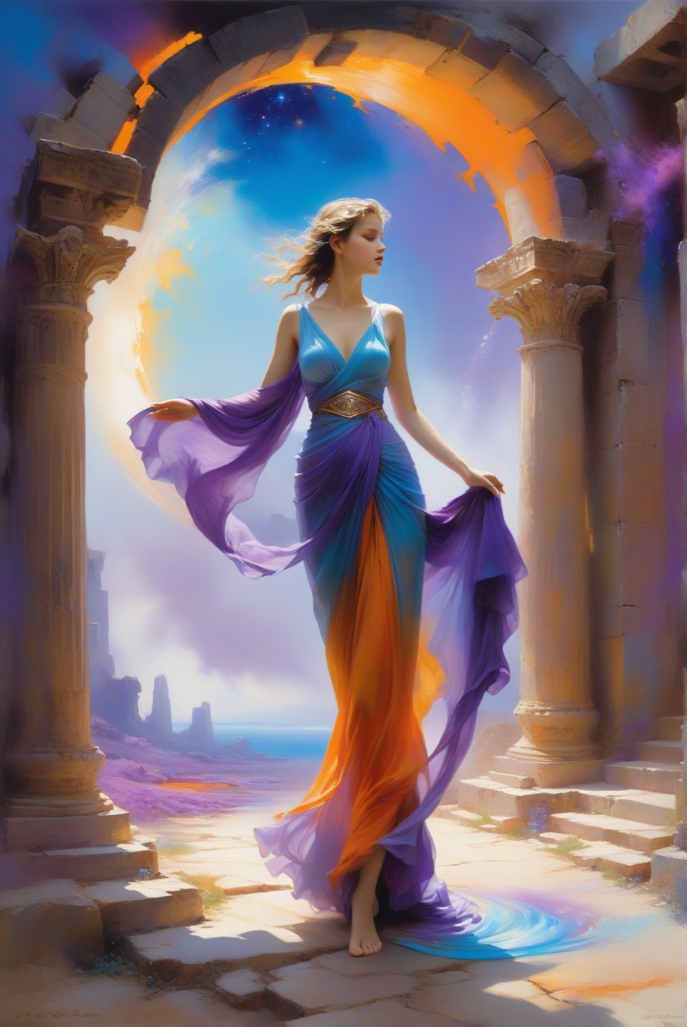 airbrush by pino daeni, A surreal scene where a barefoot woman in a flowing gown walks toward a swirling portal of vibrant blue, orange, and purple plasma in the shape of a galaxy. The gown moves with the portal's energy. The backdrop includes ancient stone ruins and pillars, creating a timeless, magical atmosphere. The woman approaches the portal confidently, evoking a sense of transformation and exploration.

