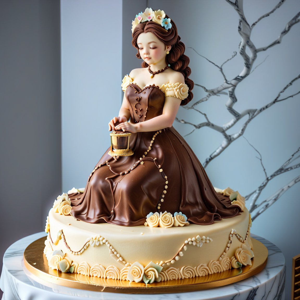 A buttercream cake sculpture full body closeup of a crouching woman wearing a dress, with hourglass figure, frosted with chocolate buttercream frosting, decorated in elaborate designs, displayed on a marble counter, there is buttercream frosting with iridescent gloss, sugar flowers, and piping,