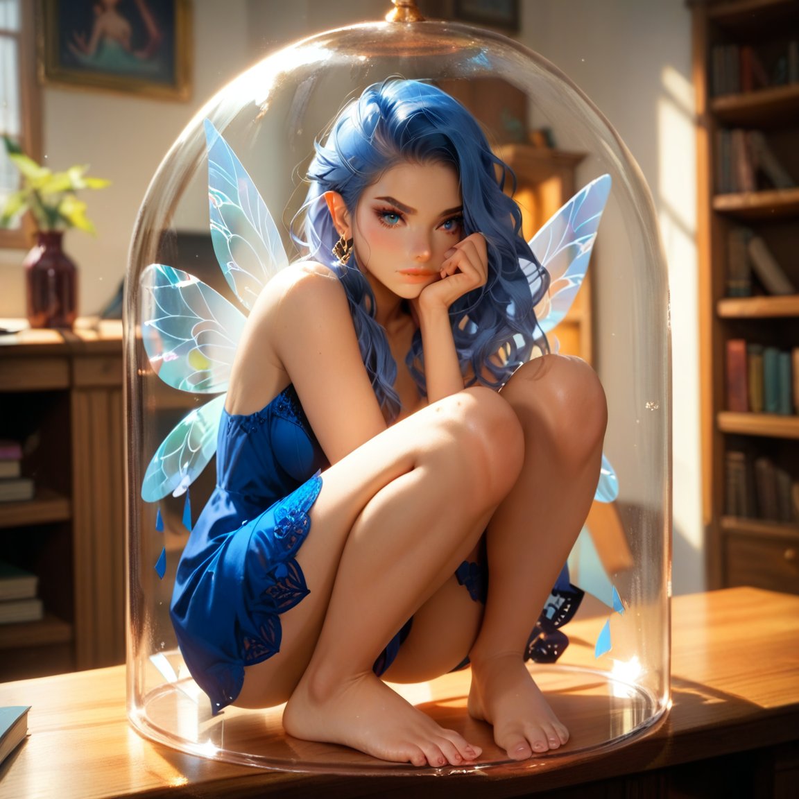 score_9, score_8_up, score_7_up full body fairy portrait, fantasy, oblique view,
fairy crouching trapped inside glass dome jar on base, with iridiscent hair tied in sapphire comb, barefoot, gossamer wings, wearing sheer minidress showing knees, arms in front of knees, barefoot, feet behind glass, in dimly lit wizard chamber with magic artifacts and books, sad expression, looking accusingly, eyes rolled
 perfect feet, beautiful feet, toes




