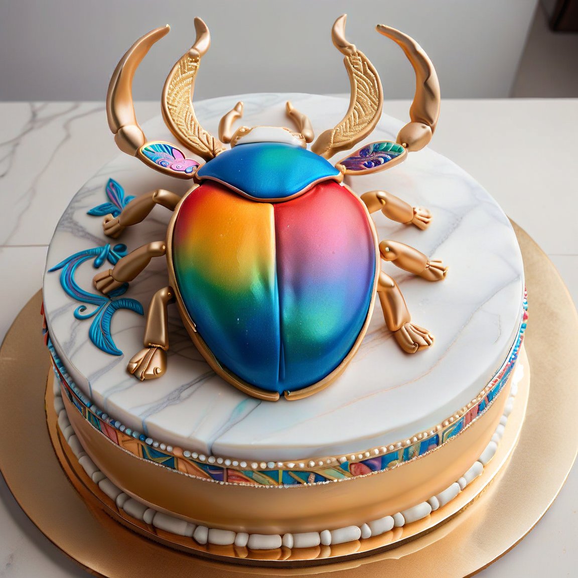 glossy, specular, oblique side view,
decorated cake sculpture in shape of iconic colorful Egyptian scarab,  Scarabaeus sacer, ((six insect legs)),  peach frosting with iridescent lapis lazuli, red and gold highlights, seamless rainbow iridescent paisley gold filigree, silver dragees, cake has a smooth, glossy surface, clear division down the middle of shell and six legs. scarab  on marble counter with subtle veining in shades of white and gray, opulent presentation