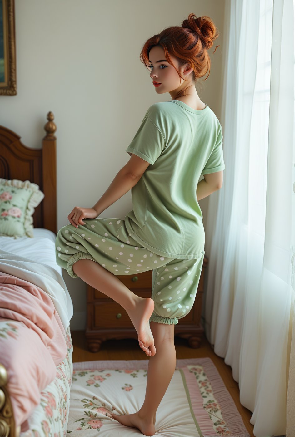 score_9, score_8_up, score_7_up,
full body portrait rear view, foot close up,
young woman with auburn hair in loose updo with smooth skin, wearing long green oversize t-shirt, silk pajama bottoms, barefoot, standing next to bed, knee on bed, one leg bent with foot raised to show sole, toes, hourglass figure,
posing in initimate boudoir with soft lighting, frilly throw pillows
