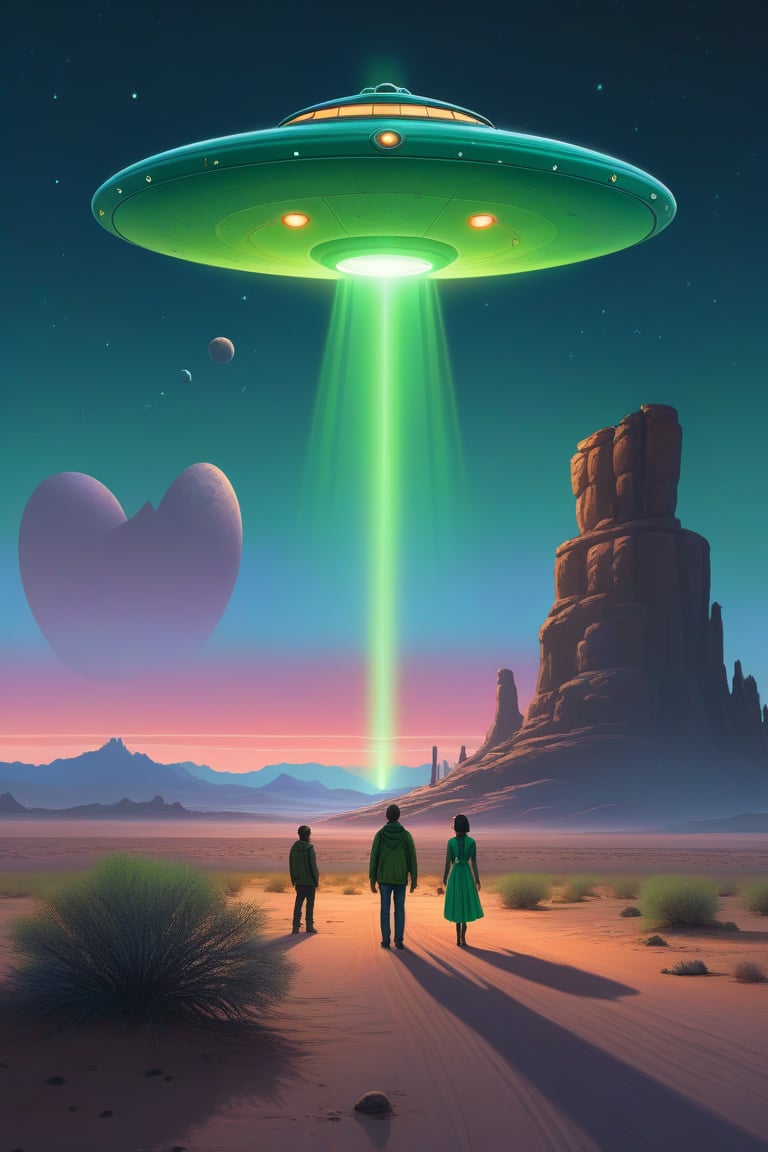 airbrush by simon stålenhag, A retro-futuristic scene in a desert at dusk. A large UFO hovers above the ground, emitting a bright green beam of light. Three figures stand nearby—one walks toward the beam while two others, a man in jeans and a woman in a glowing, starry dress, watch from a distance. The sky is filled with planets and stars, adding to the surreal extraterrestrial atmosphere, evoking a sense of wonder and curiosity.