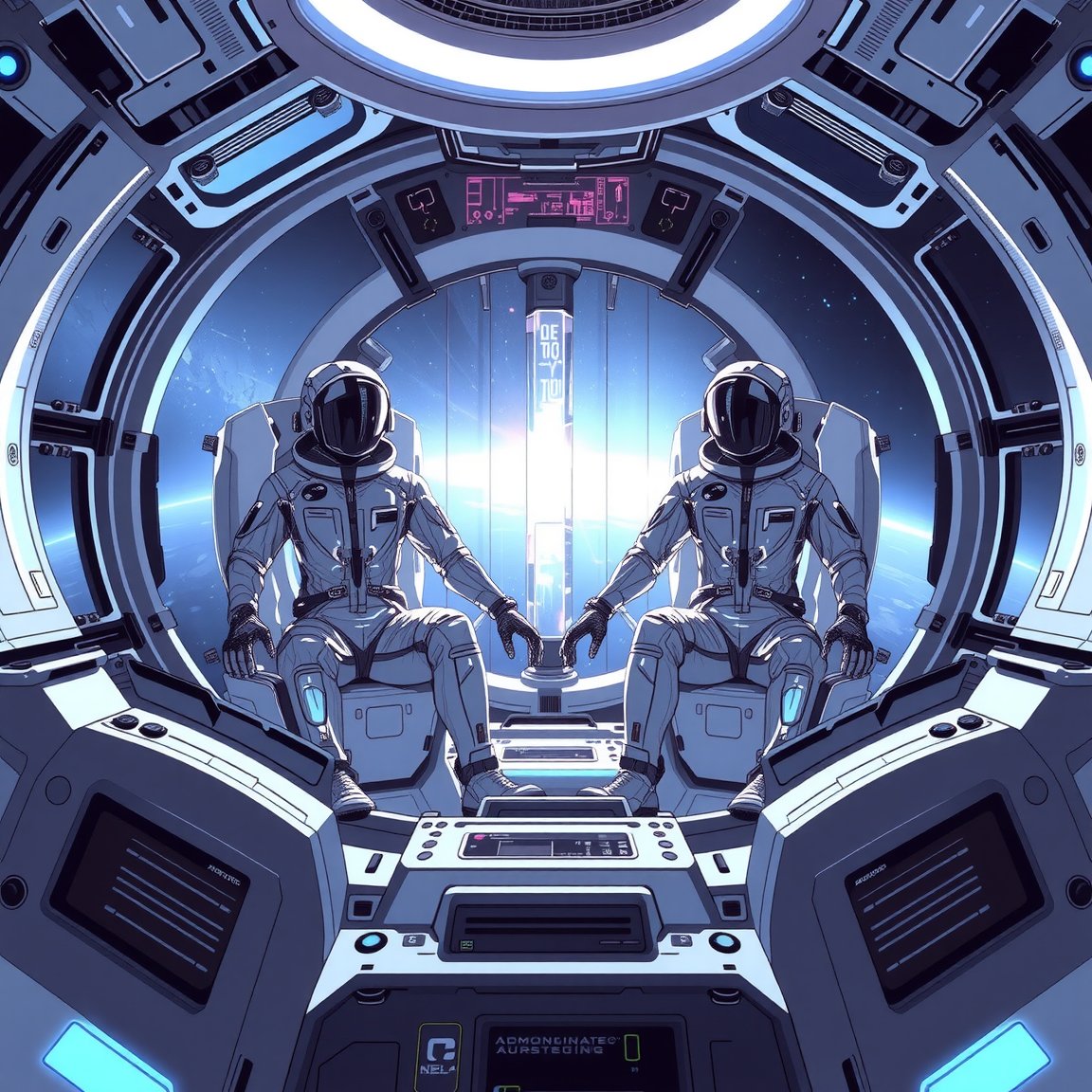 An awe-inspiring sci-fi illustration captures two space travelers encased in high-tech cryogenic chambers aboard a futuristic spaceship. The man and woman wear sleek, metallic, reflective jumpsuits, signifying their roles as interstellar adventurers. Their chambers emit a cool, blueish glow, adding to the otherworldly atmosphere. Advanced, curved surfaces and state-of-the-art equipment surround them, while a breathtaking view of the cosmos fills the background, showcasing stars and nebulae through a massive space window. The scene embodies the essence of modern, advanced technology and the allure of space exploration.