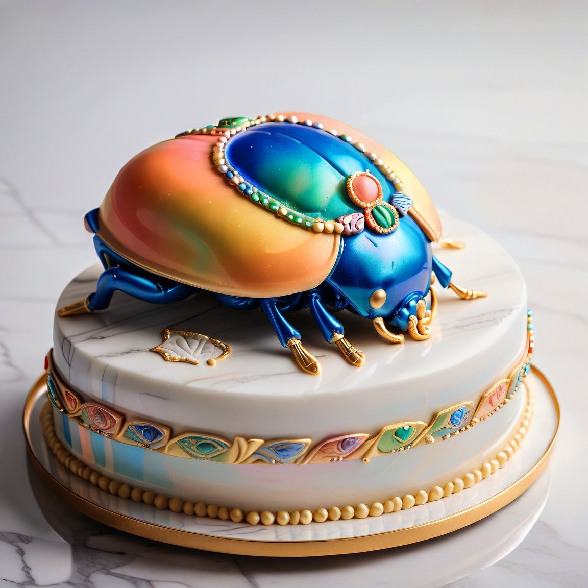 glossy, specular, oblique side view,
decorated cake sculpture in shape of iconic colorful Egyptian scarab,  Scarabaeus sacer, ((six insect legs)),  peach frosting with iridescent lapis lazuli, red and gold highlights, seamless rainbow iridescent paisley gold filigree, silver dragees, cake has a smooth, glossy surface, clear division down the middle of shell and six legs. scarab  on marble counter with subtle veining in shades of white and gray, opulent presentation