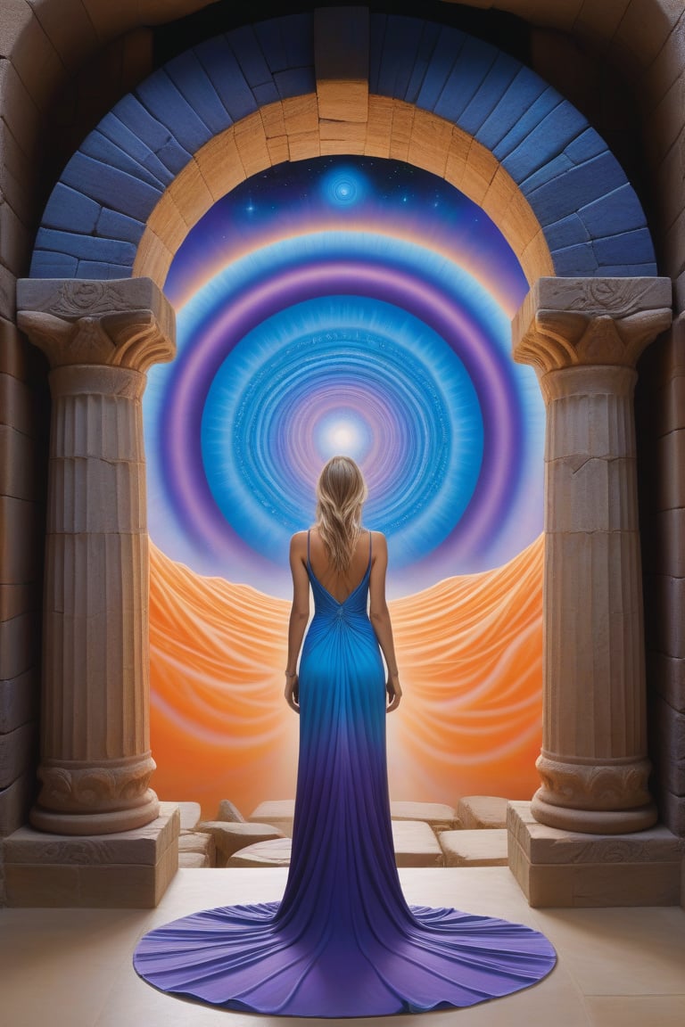 airbrush by alex grey, back view, A surreal scene where a barefoot woman in a flowing gown walks toward a swirling portal of vibrant blue, orange, and purple plasma in the shape of a galaxy. The gown moves with the portal's energy. The backdrop includes ancient stone ruins and pillars, creating a timeless, magical atmosphere. The woman approaches the portal confidently, evoking a sense of transformation and exploration.

