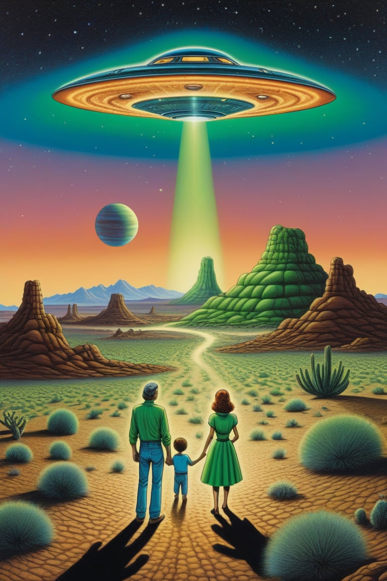 airbrush by r crumb, A retro-futuristic scene in a desert at dusk. A large UFO hovers above the ground, emitting a bright green beam of light. Three figures stand nearby—one walks toward the beam while two others, a man in jeans and a woman in a glowing, starry dress, watch from a distance. The sky is filled with planets and stars, adding to the surreal extraterrestrial atmosphere, evoking a sense of wonder and curiosity.